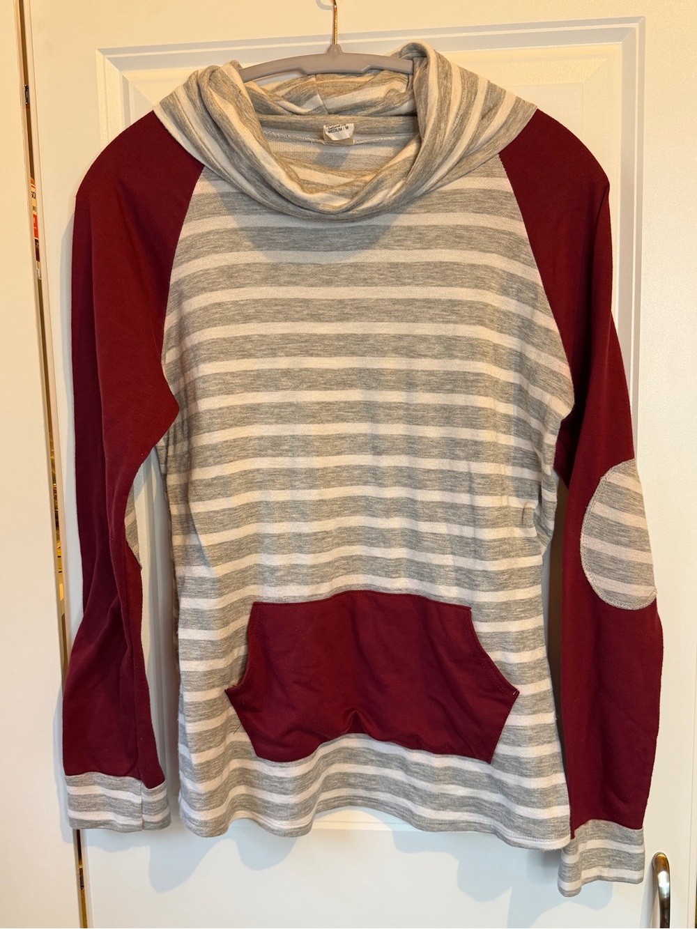 7th Ray Striped Cowl Neck Hoodie Top Burgundy Gray